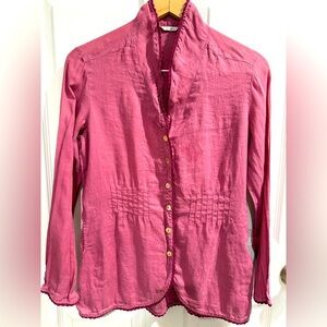 Vintage Pink Shell Button Down Shirt w Pockets Mandarin Collar 100% Raimie Linen